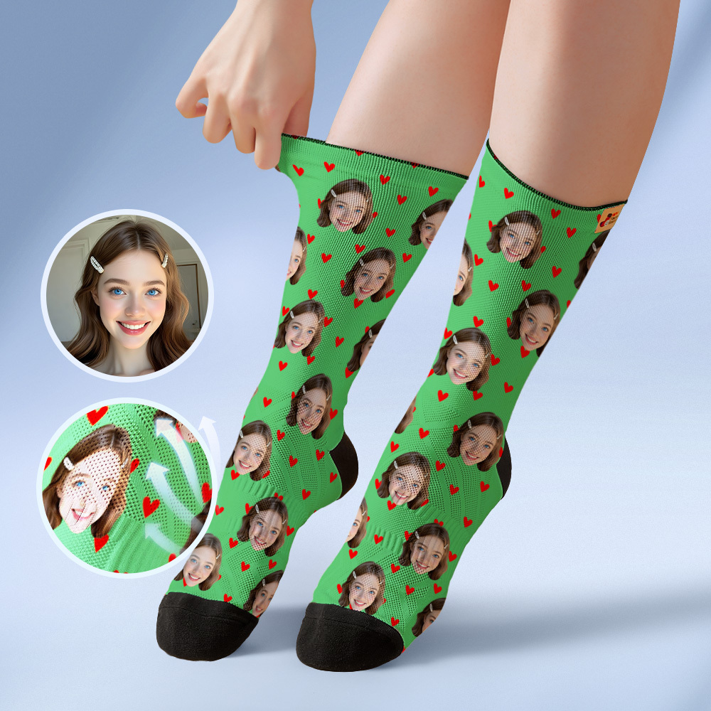 Custom Heart Face Socks Personalized Blue Socks with Faces Photo Funny Gift Photo Couple Family Socks - MyPhotoSocks