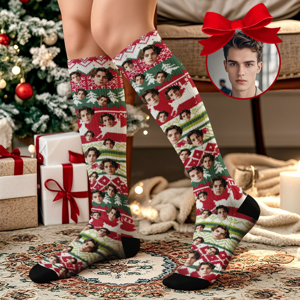 Christmas Gifts Custom Face Knee High Socks Personalized Vintage Warm Socks Merry Christmas for Lover