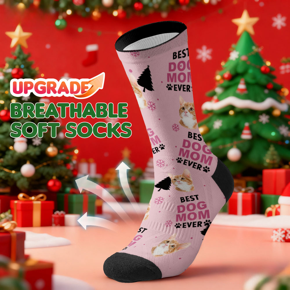 Personalized Pet Cat Theme Socks Christmas Socks Custom Best Cat Mom Socks Pet Lover Santa Socks Gift - MyPhotoSocks