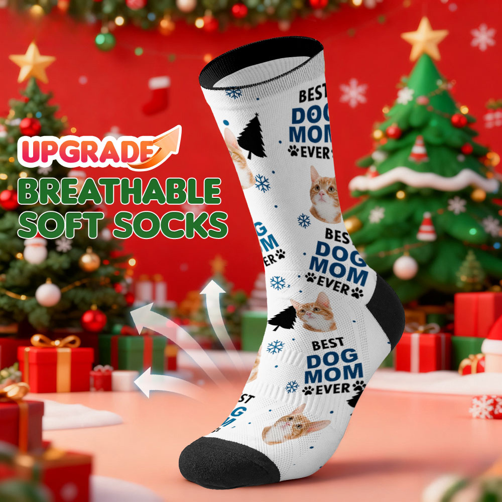 Personalized Pet Cat Theme Socks Christmas Socks Custom Best Cat Mom Socks Pet Lover Santa Socks Gift - MyPhotoSocks