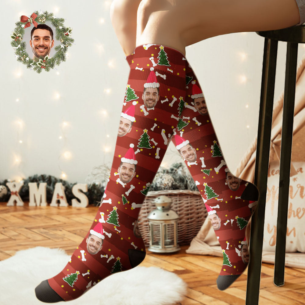 Custom Knee High Socks Personalized Face Christmas Socks Christmas Tree-MyPhotoSocks