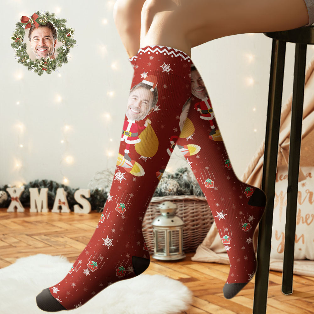 Custom Knee High Socks Personalized Big Face Christmas Socks Santa Claus-MyPhotoSocks