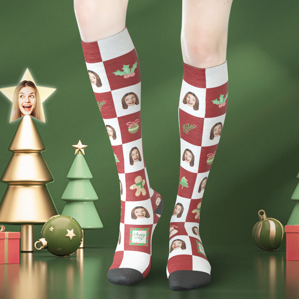 Custom Face Knee High Socks Christmas Tree & Checkered Pattern Socks-MyPhotoSocks