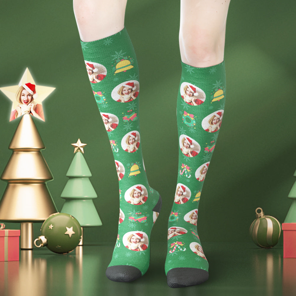 Custom Face Knee High Socks Christmas Bells Personalized Photo Gifts-MyPhotoSocks