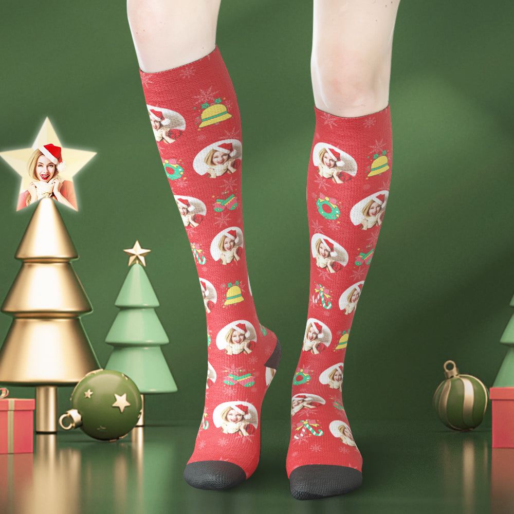 Custom Face Knee High Socks Christmas Bells Personalized Photo Gifts-MyPhotoSocks