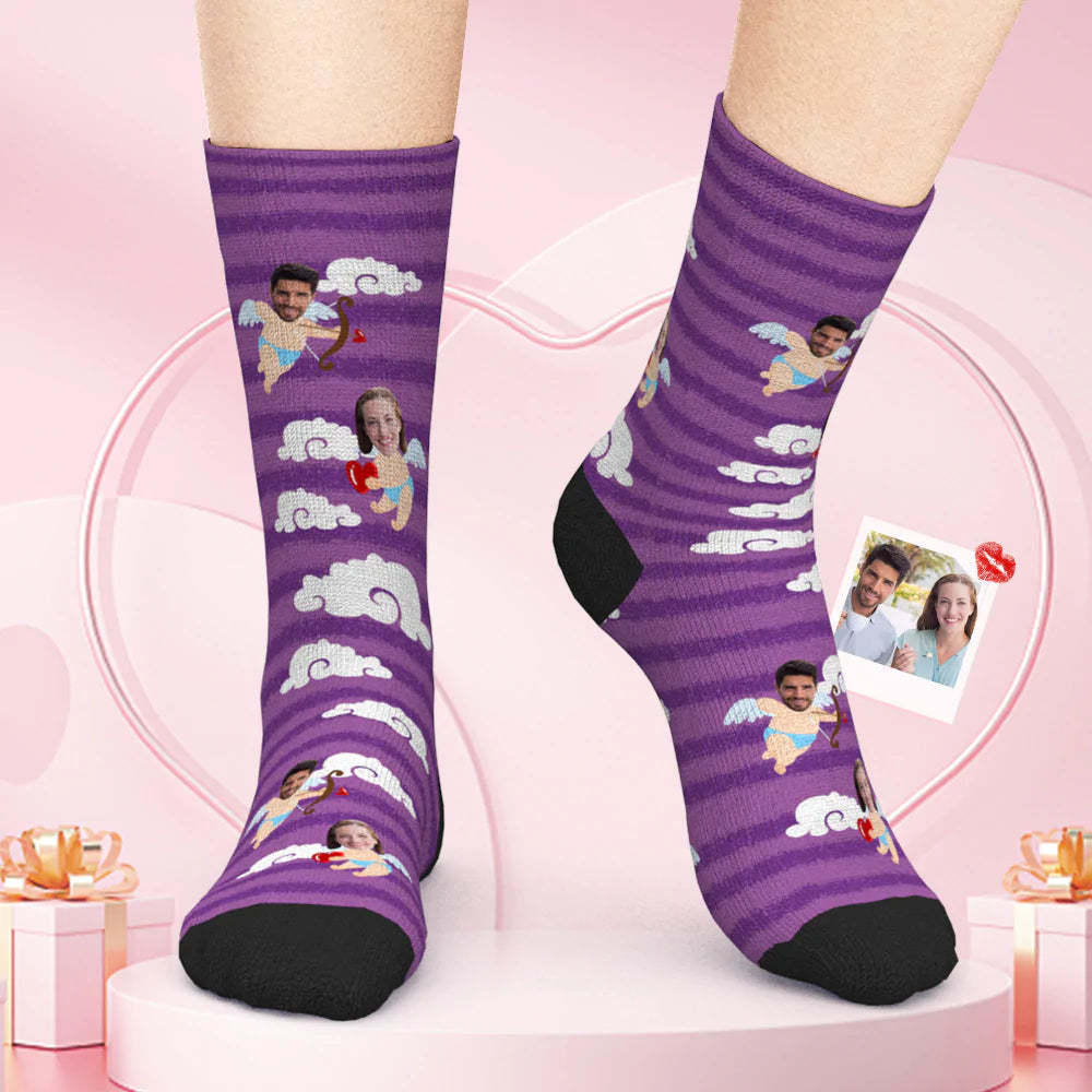 Custom Face Socks Angels in Purple Sky - Couple Face Socks Valentine's Day Gift