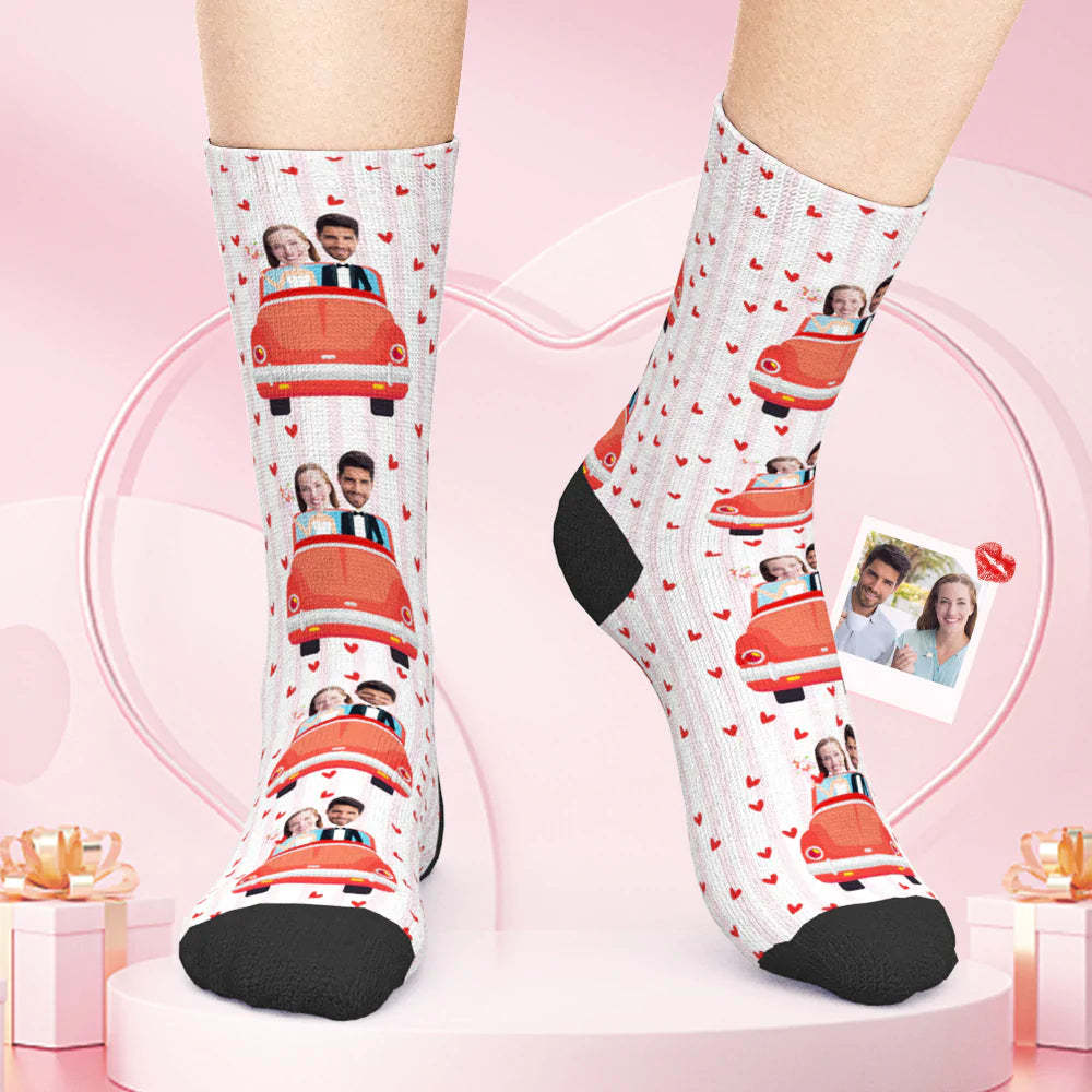 Custom Face Socks Bride & Groom in Red Car - Couple Face Socks Valentine's Day Gift