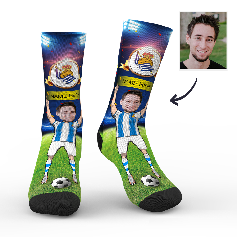 CUSTOM PHOTO SOCKS REAL SOCIEDAD SUPERFANS WITH YOUR TEXT - MyPhotoSocks
