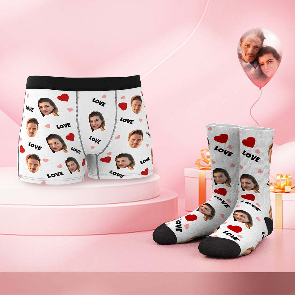 Custom Face Boxer Shorts And Socks Set Love Heart