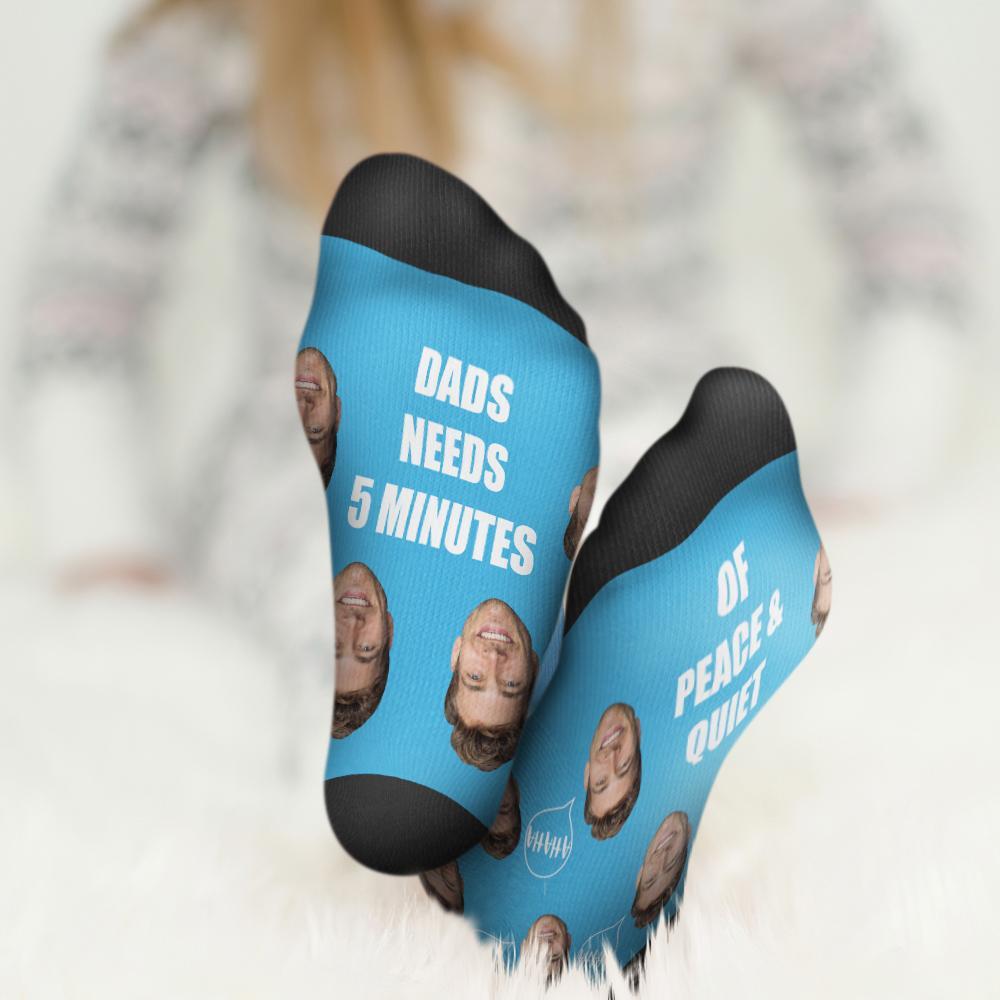 Custom Face Socks Add Pictures And Name Father's Day Gift - Dad Needs 5 Minutes Of Peace & Quiet-MyPhotoSocks