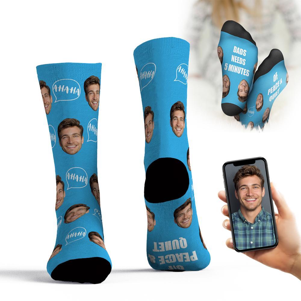 Custom Face Socks Add Pictures And Name Father's Day Gift - Dad Needs 5 Minutes Of Peace & Quiet-MyPhotoSocks