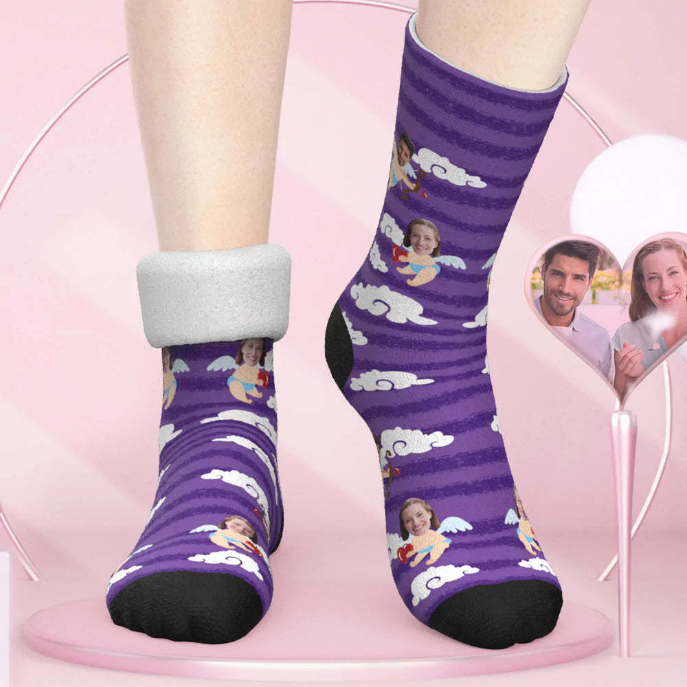 Custom Thick Socks Photo Autumn Winter Warm Socks Angels in Purple Sky - Couple Face Socks Valentine's Day Gift