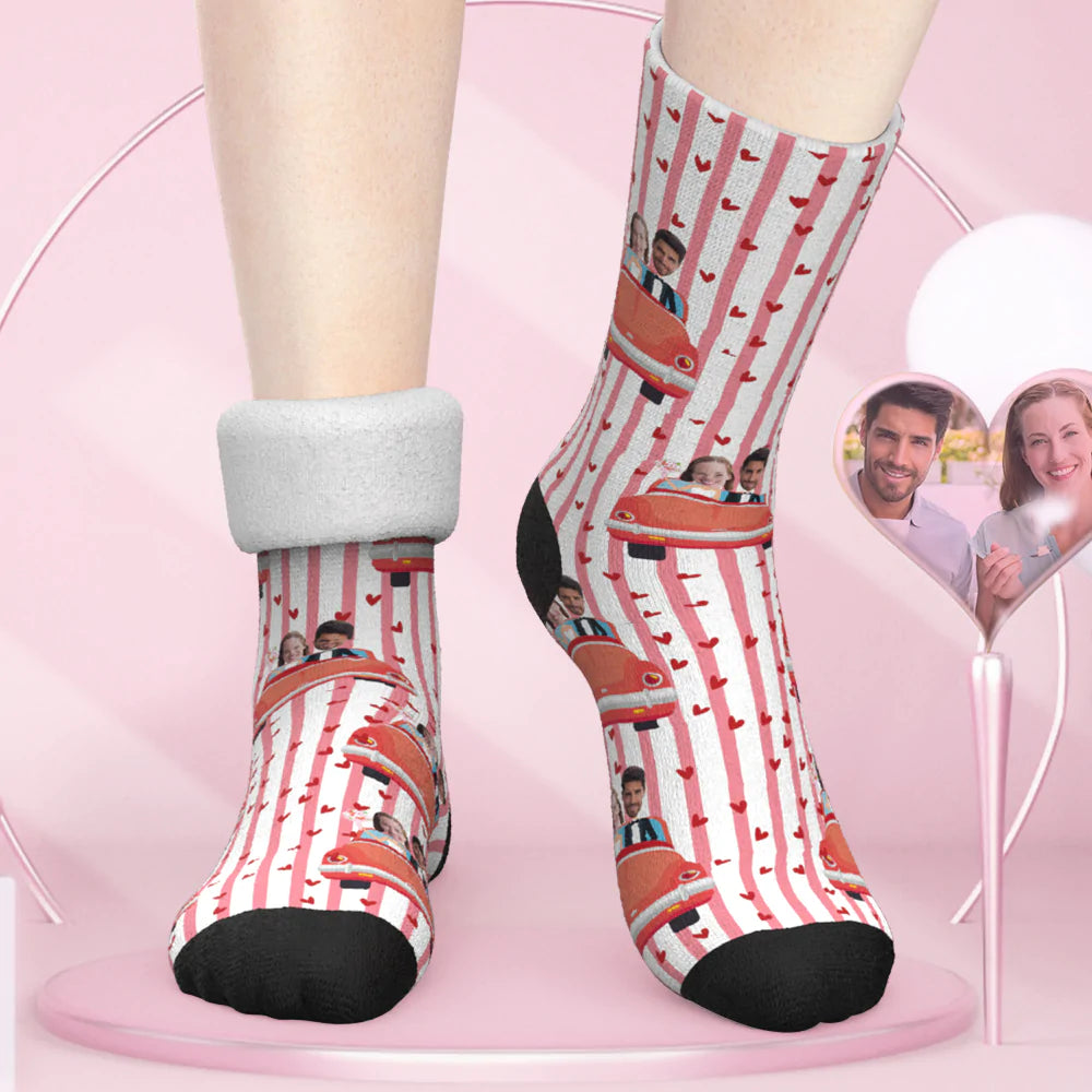 Custom Thick Socks Photo Autumn Winter Warm Socks Bride & Groom in Red Car - Couple Face Socks Valentine's Day Gift