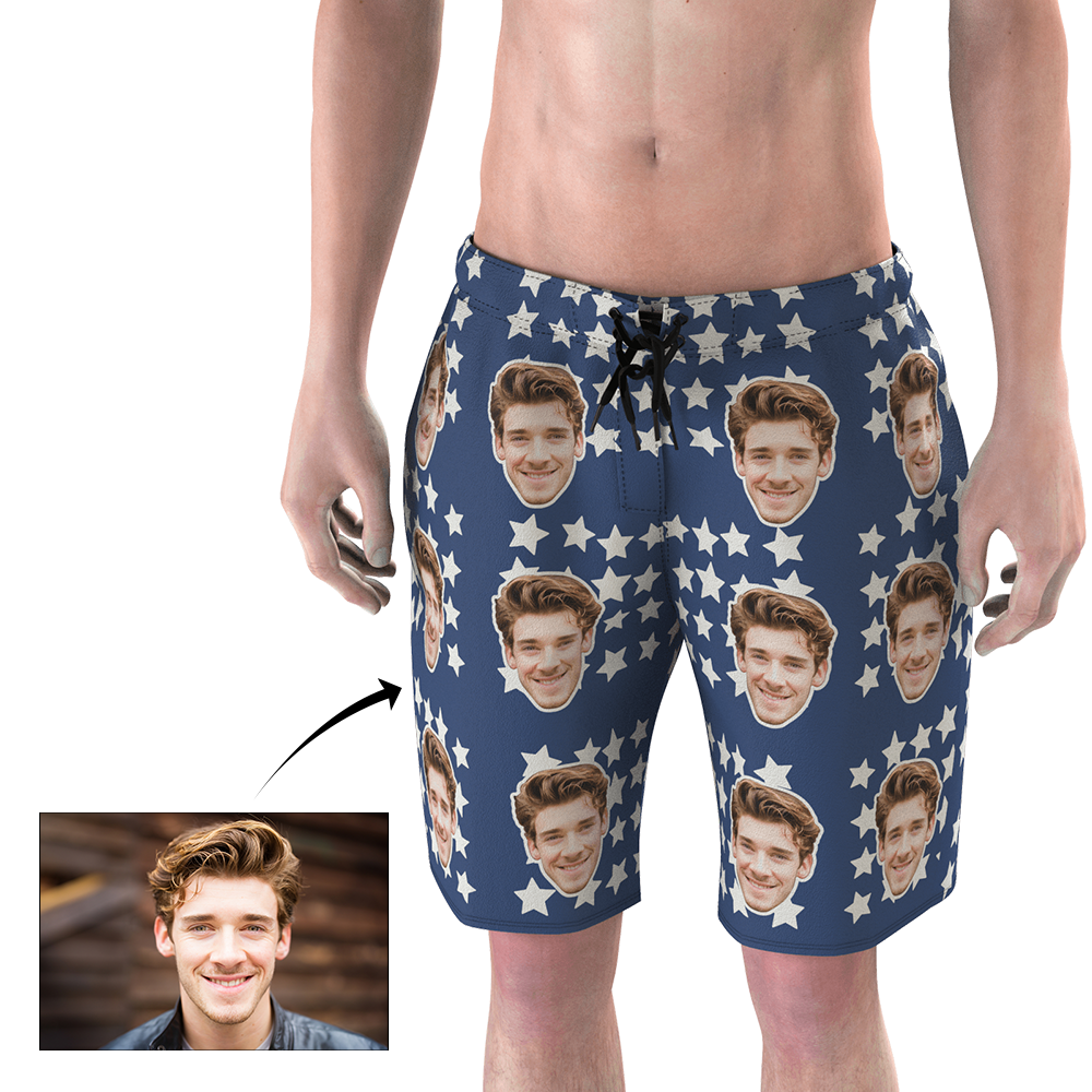 Custom Face Photo Men's Swim Trunk Summer Blue with Star-MyPhotoSocks