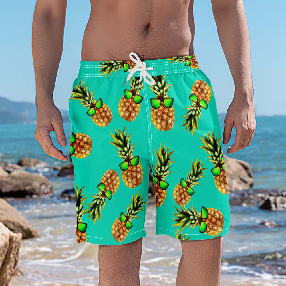 Pineapple With Sunglass Summer Men's Beach Shorts Swim Trunks-MyPhotoSocks