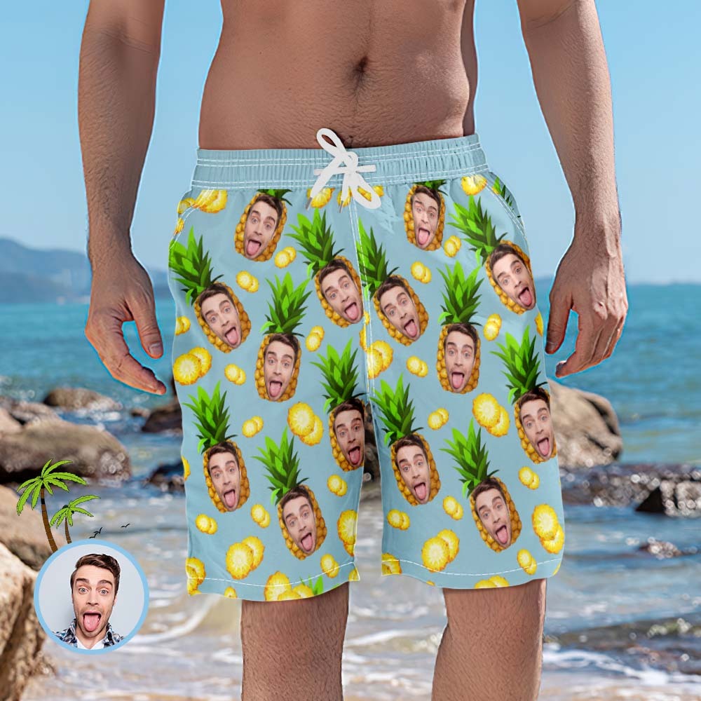 Men's Custom Face Beach Trunks Photo Shorts - Pineapple