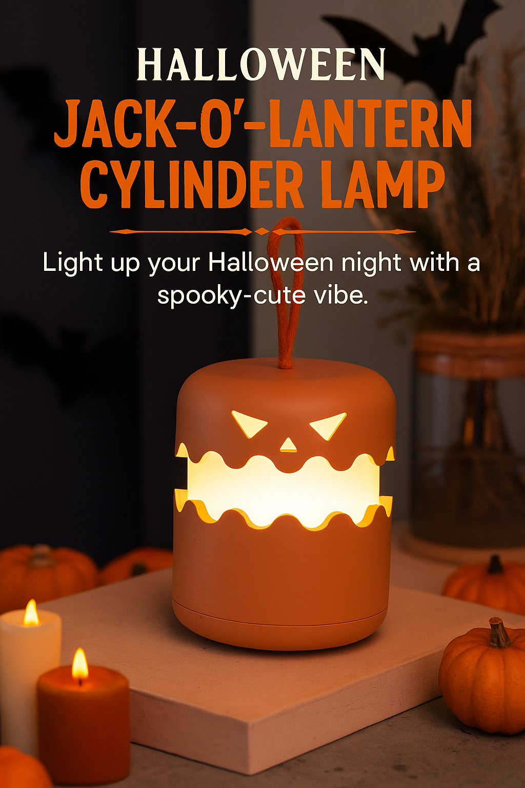 Halloween Jack-O’-Lantern Cylinder Lamp | Spooky Pumpkin LED Light Decoration