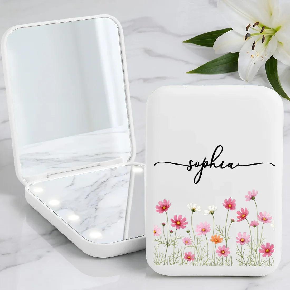 Personalized LED Pocket Mirror With Pink Floral Art, Unique Creative Gift For Sister Or Friend