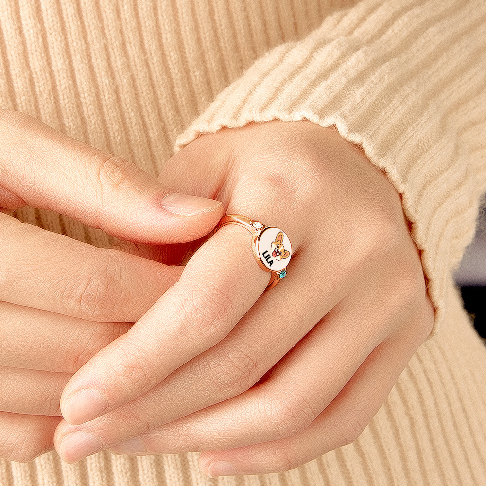 Custom Dog or Cat Ring with Birthstone, Custom Pet Portrait Photo Ring, Dog Cat Memorial Jewelry Gift For Pet Lover, Pet Remembrance, Gift for Her