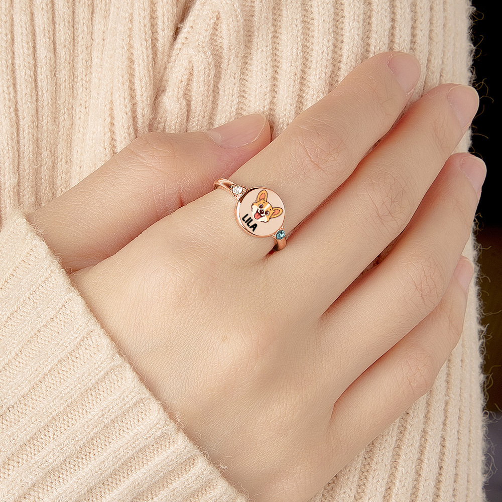 Custom Dog or Cat Ring with Birthstone, Custom Pet Portrait Photo Ring, Dog Cat Memorial Jewelry Gift For Pet Lover, Pet Remembrance, Gift for Her