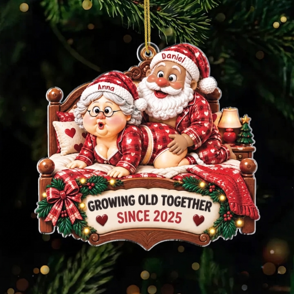 Personalized Couple in Bed Christmas Ornament – 'Growing Old Together Since ' for Holiday Gift