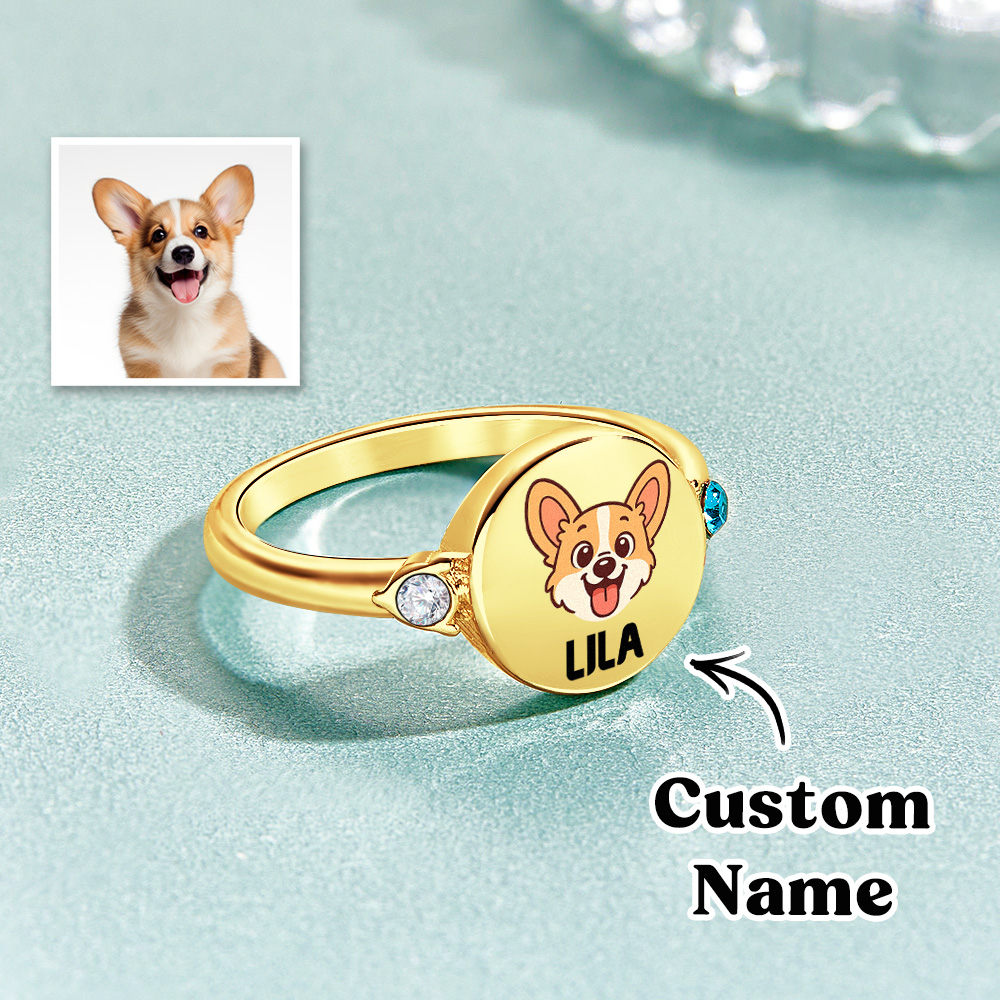 Custom Dog or Cat Ring with Birthstone, Custom Pet Portrait Photo Ring, Dog Cat Memorial Jewelry Gift For Pet Lover, Pet Remembrance, Gift for Her