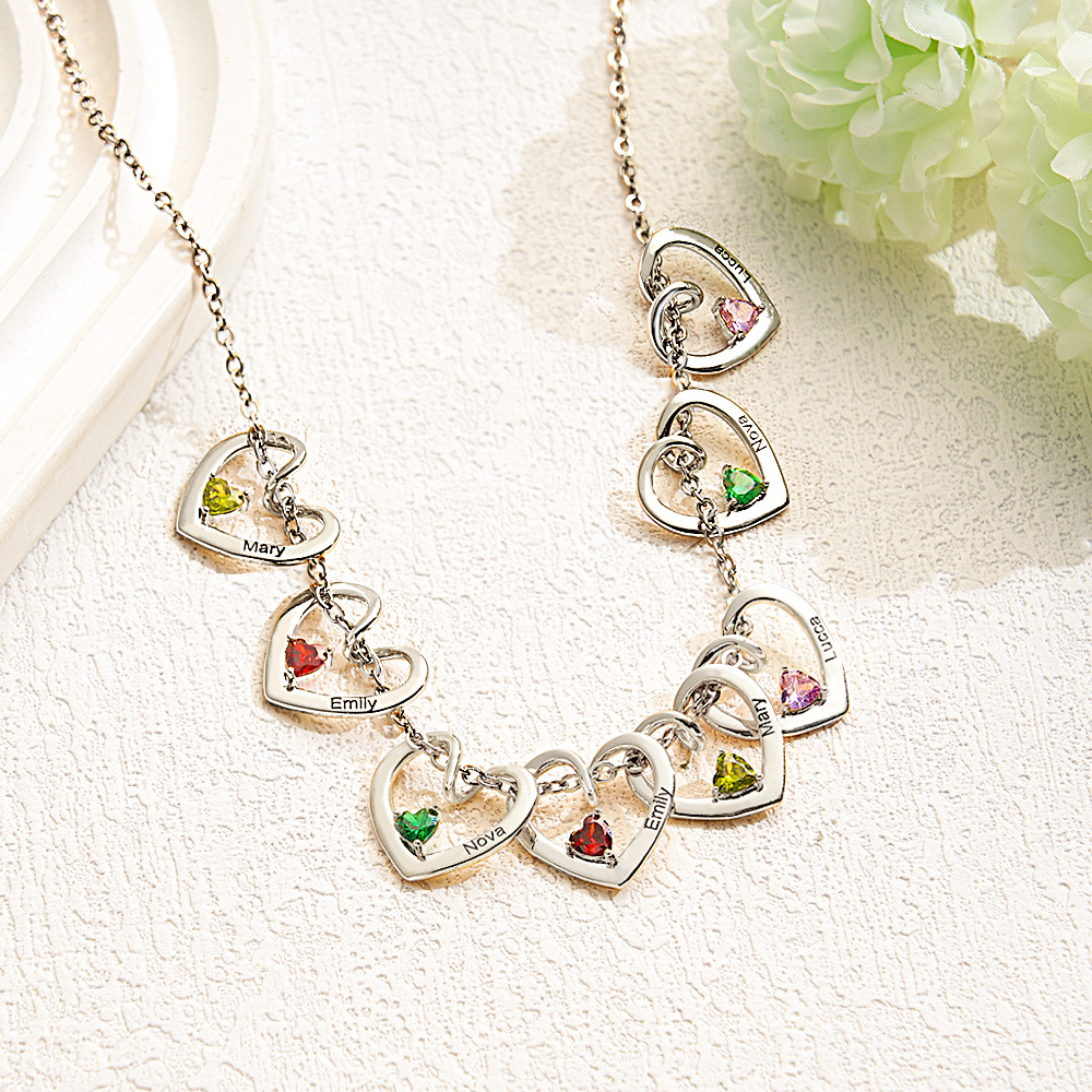 Personalized Heart Name Birthstone Necklace For Mom Grandma