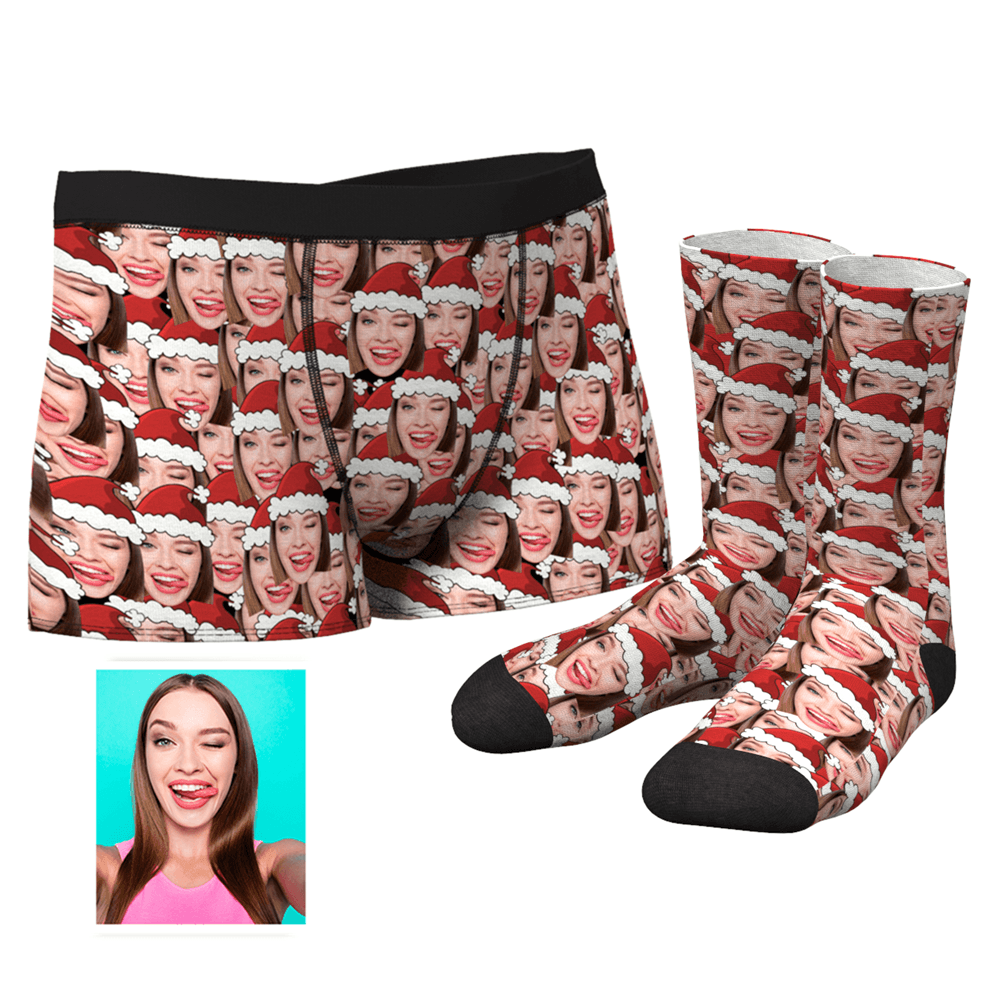 Custom Christmas Hat Face Mash Boxer Shorts And Socks Set - MyPhotoSocks