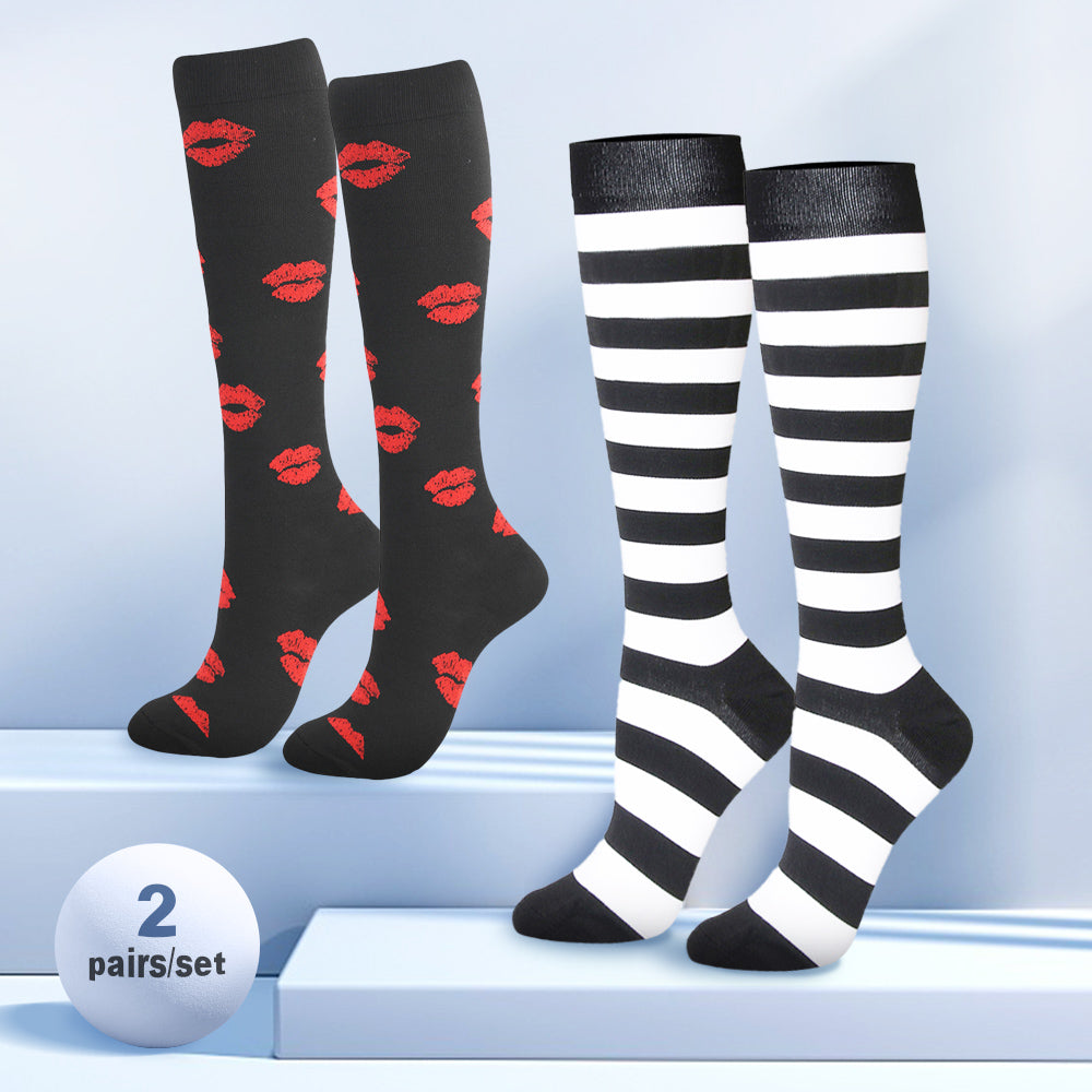 2 Pairs/pack Compression Socks Women Men Knee High Red Lip Stripe Sports Socks-MyPhotoSocks