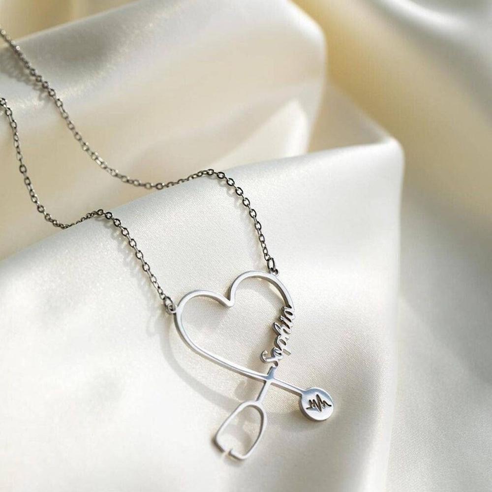 Custom Name Stethoscope Necklace Nurse Necklace Heart Name Necklace Nurse Gifts Medical Gifts