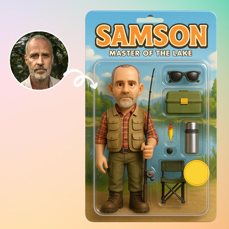 Fully Body Customizable 3D Effect Action Figure Pack Packaging Toy Box Style Art Gift Personalized Acrylic Car Hanger Gift for Dad for Fishing Man - MyPhotoSocks