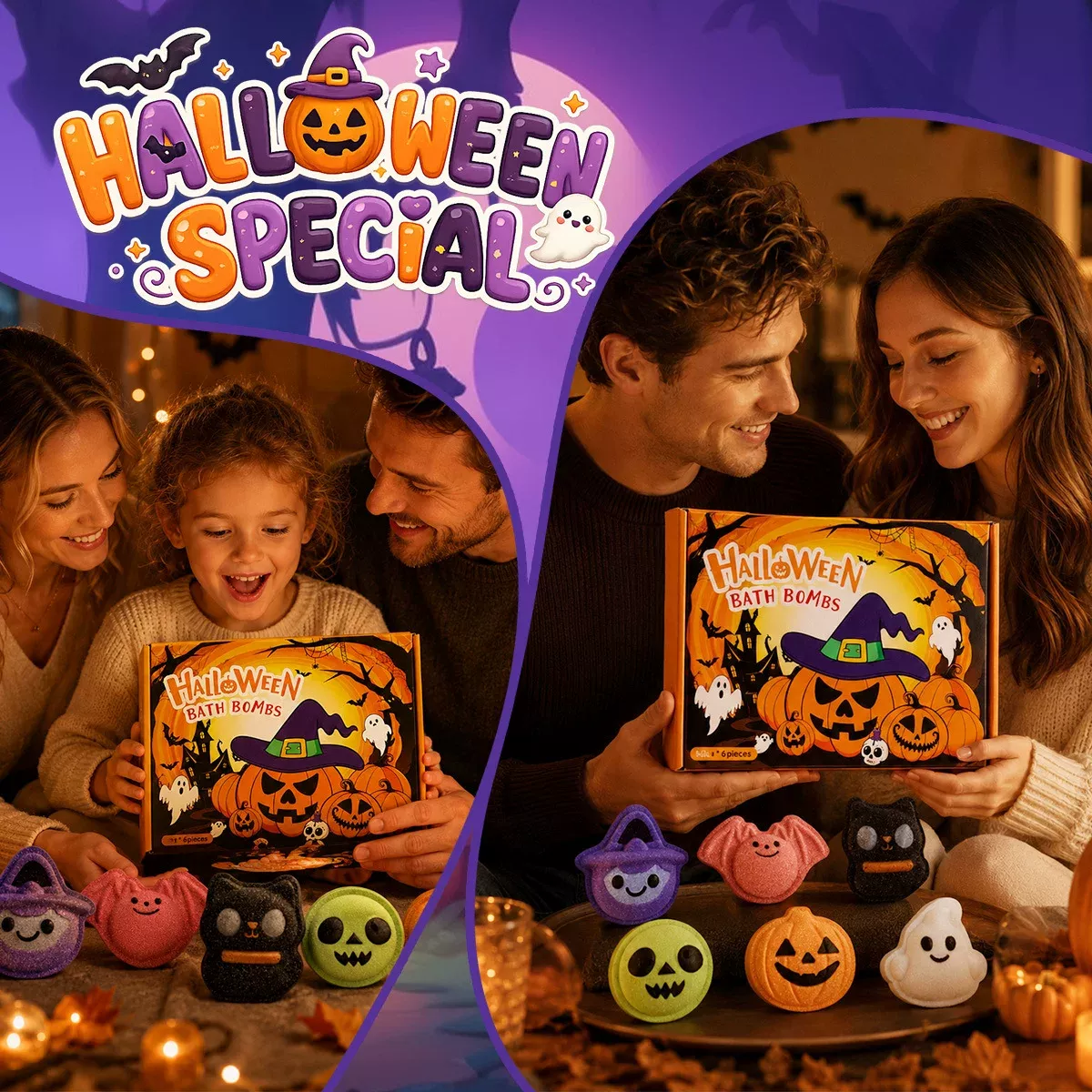 Halloween Bath Bombs for Kids, 6 Spooky Shapes, Trick or Treat Gift Set