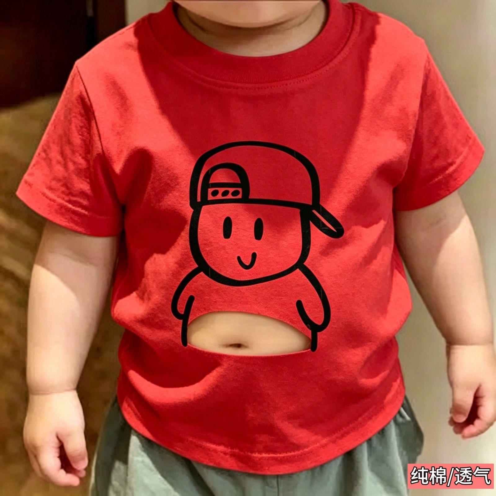 Cute Cartoon Belly Print Kids Cotton T-Shirt, Summer Crew Neck Short Sleeve Tee
