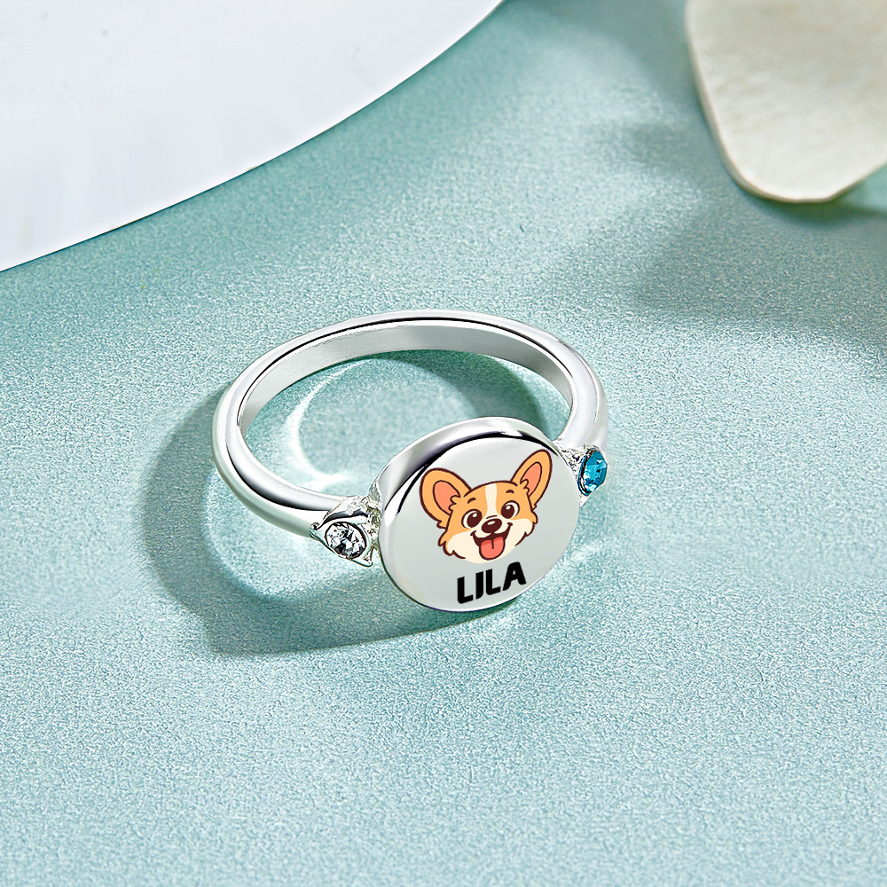 Custom Dog or Cat Ring with Birthstone, Custom Pet Portrait Photo Ring, Dog Cat Memorial Jewelry Gift For Pet Lover, Pet Remembrance, Gift for Her