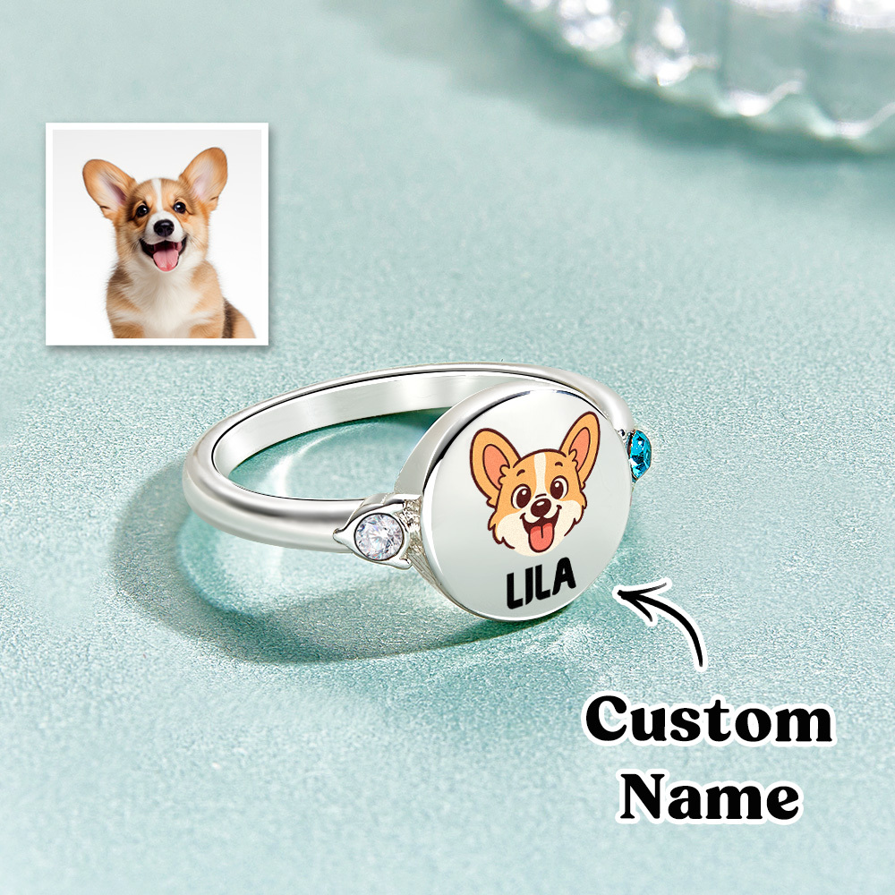 Custom Dog or Cat Ring with Birthstone, Custom Pet Portrait Photo Ring, Dog Cat Memorial Jewelry Gift For Pet Lover, Pet Remembrance, Gift for Her