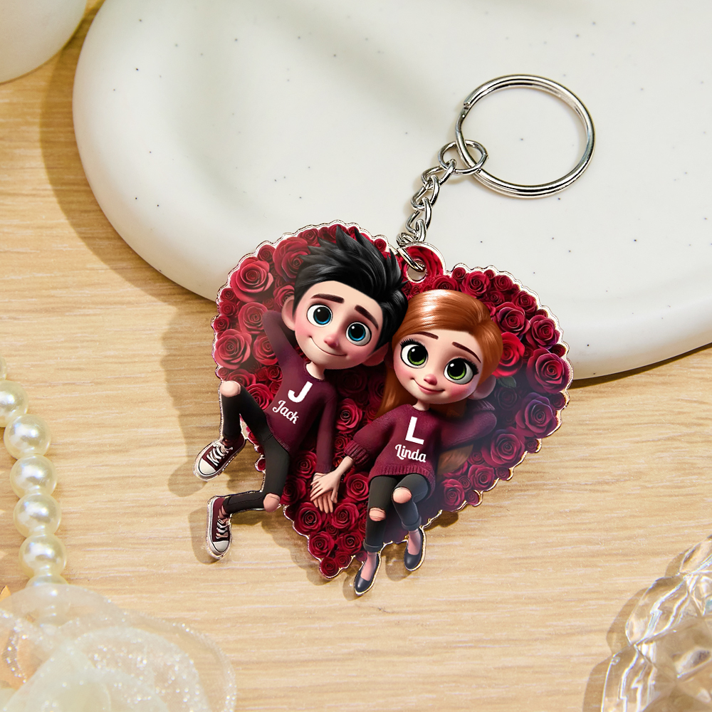 Romantic Rose Heart Couple Keychain - Personalized Valentine's Day Gift