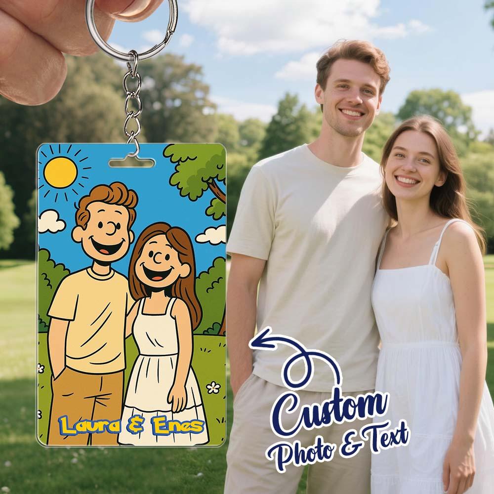 Custom Anime Style Couple Keychain – Personalized Cartoon Gift with Photo & Text Acrylic Keychain Gift