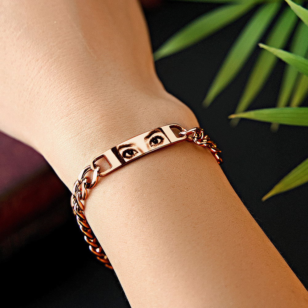 Personalized Eye Photo Bracelet for Couples - Custom Laser Engraved Stainless Steel Keepsake, Anniversary Gift - MyPhotoSocks