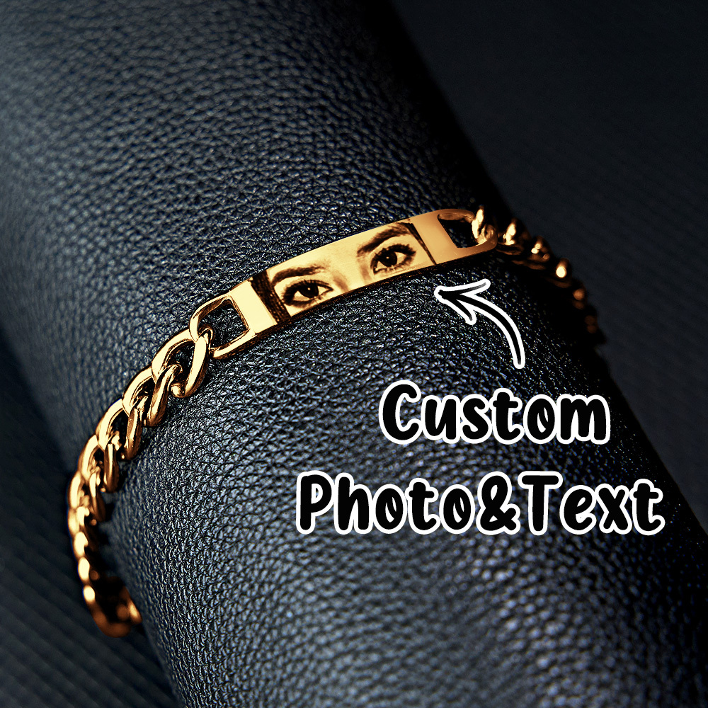 Personalized Eye Photo Bracelet for Couples - Custom Laser Engraved Stainless Steel Keepsake, Anniversary Gift - MyPhotoSocks