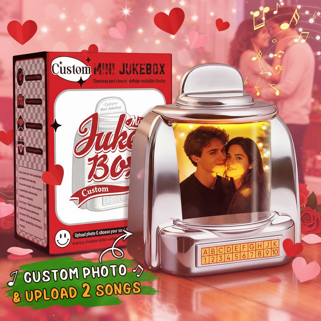 Custom Valentine Mini Jukebox Retro Speaker Couple Memory Edition Personalized Photo,Names & Date Music Mini Player with Radio | Vintage Tabletop Home Decor Nostalgic Retro Gifts