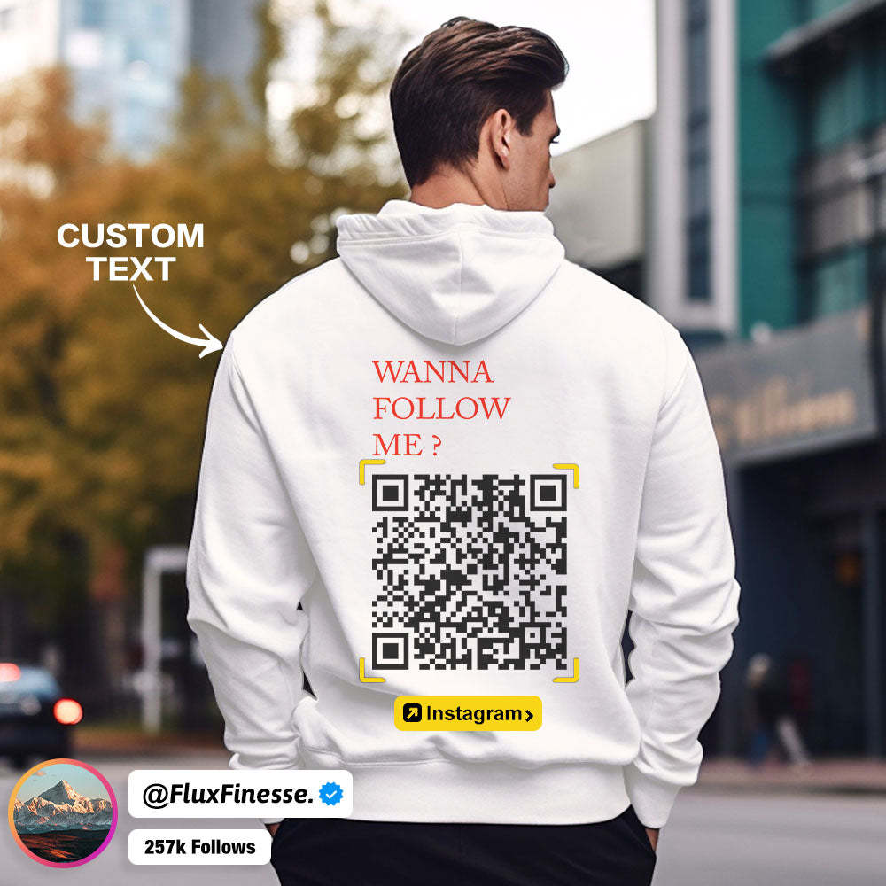 Custom QR Code Sweatshirt Personalized Social Connection Hoodie with Text WANNA FOLLOW ME? - MyPhotoSocks