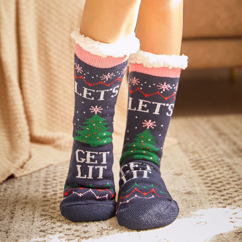 Christmas Socks Plush Coral Fleece Winter Home Floor Socks Blue Slipper Socks - Christmas Tree - MyPhotoSocks