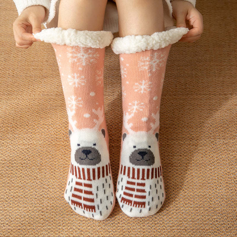 Christmas Socks Plush Coral Fleece Winter Home Floor Socks Light Pink Slipper Socks - Snow Bear - MyPhotoSocks