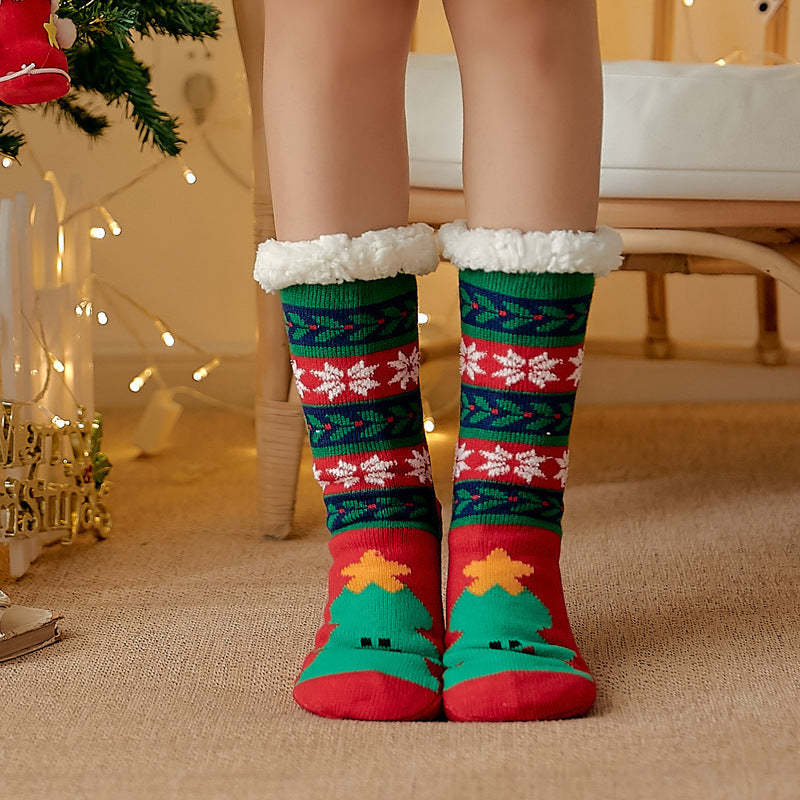 Christmas Socks Plush Coral Fleece Winter Home Floor Socks Green Slipper Socks - Christmas Tree - MyPhotoSocks
