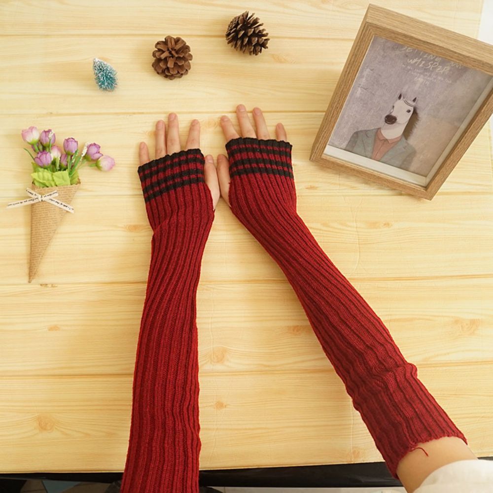 Arm Sleeve Winter Long Striped Cold Warm Wool Half Finger Knit Gloves-MyPhotoSocks