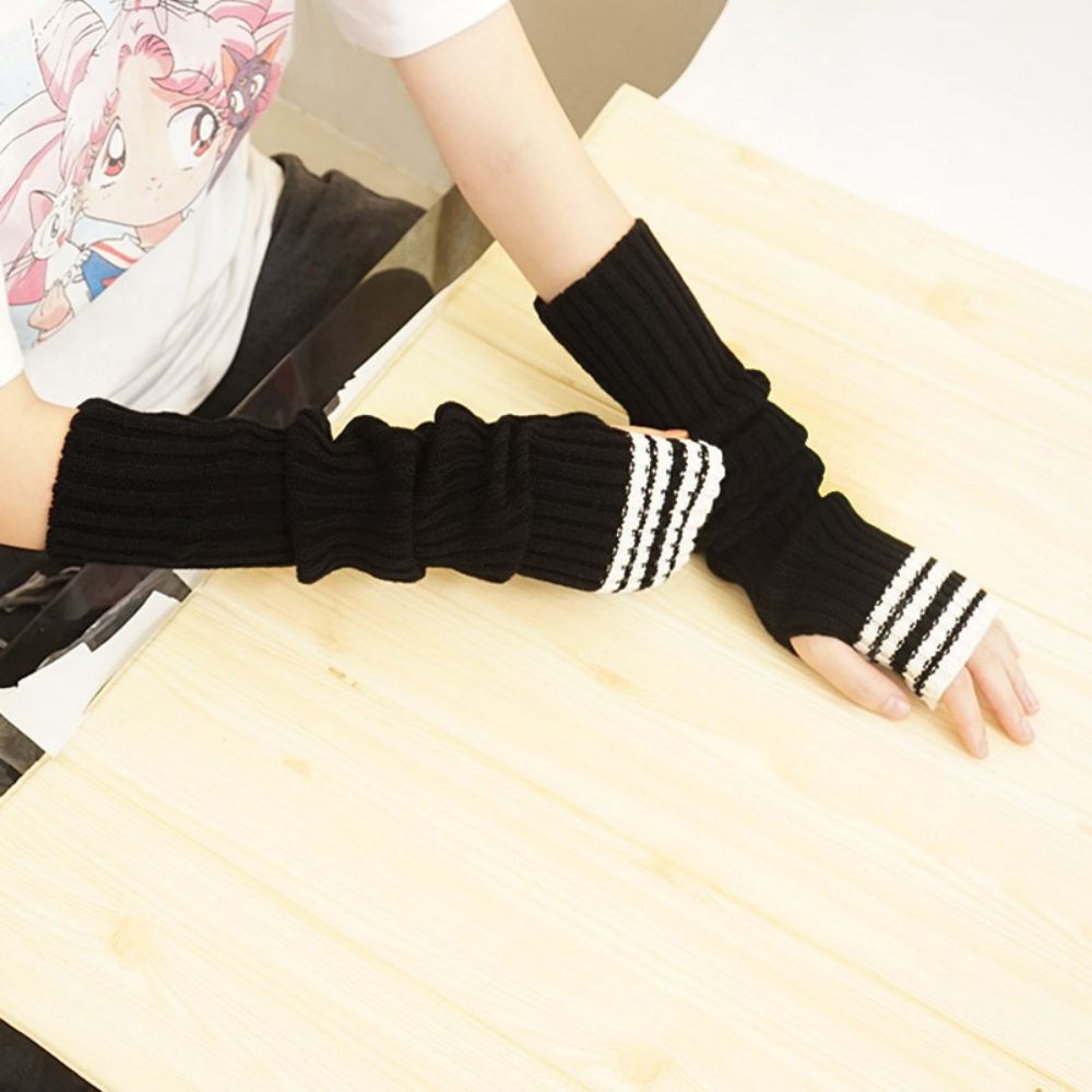 Arm Sleeve Winter Long Striped Cold Warm Wool Half Finger Knit Gloves-MyPhotoSocks