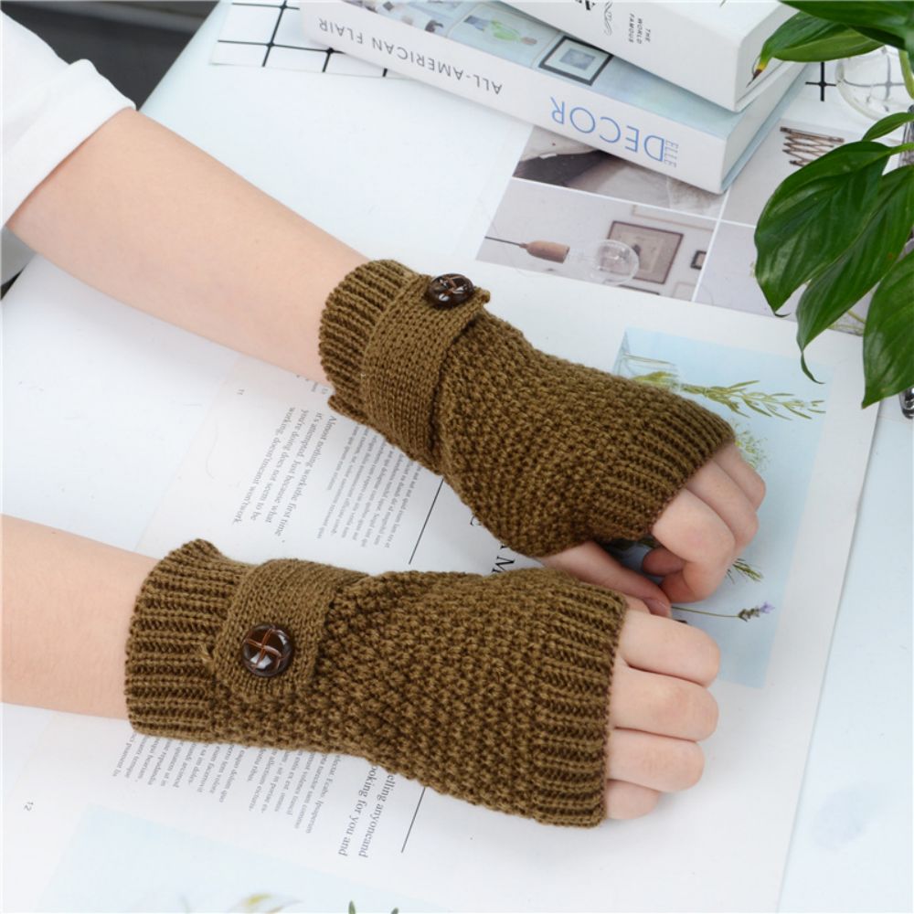 Knitted Wool Half Finger Short Gloves Adult Female Pineapple Button Winter Half Fingerless Gloves-MyPhotoSocks