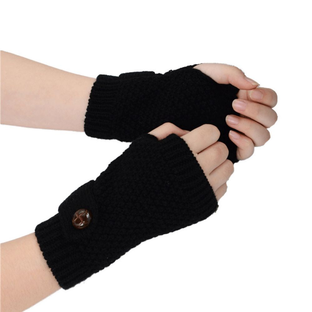 Knitted Wool Half Finger Short Gloves Adult Female Pineapple Button Winter Half Fingerless Gloves-MyPhotoSocks