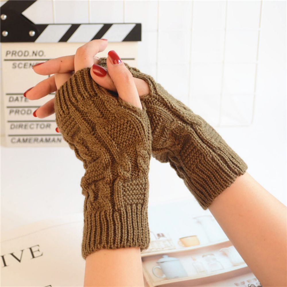 Winter Women's Pattern Knitted Wool Fingerless Solid Color Threaded Half Finger Gloves-MyPhotoSocks