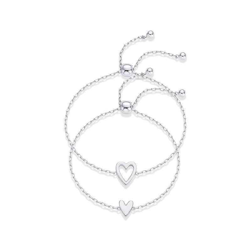 Matching Heart Charms Solitaire Bracelet Set for Women Adjustable Love Friendship Two Bracelet Pack